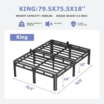 NKZ 18 Inch King Size Bed Frame, Metal Bed Frame & Box Spring 2 in 1 Platform with Round Corner Legs, 4000Lbs Heavy Duty Metal Frame, Mattress Slide Stopper, Headboard Hole, Noise-Free, Easy Assembly