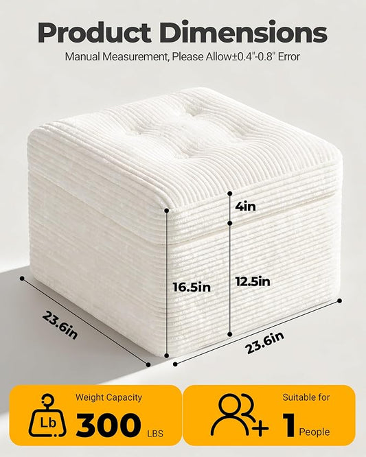 23.6in Pouf Ottoman, Corduroy Ottoman Foot Rest with Dual‑Layer Support, Large Plush Pouf with Soft Chunk‑Foam Top & Firm Foam Base, Floor Foot Stool for Living Room, Beige
