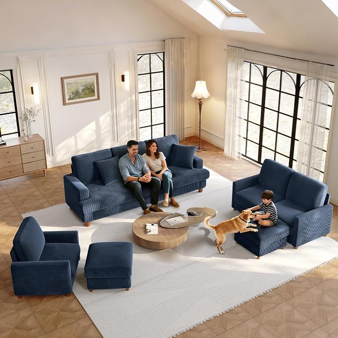 Welzona 70.2" Couches for Living Room, Comfy L Shaped Couch Blue 7.1" Thicker Cushion, Sofas for Living Room Tool-Free Setup, Loveseat with Ottoman 705lbs Support, Corduroy Couch for Bedroom, Office