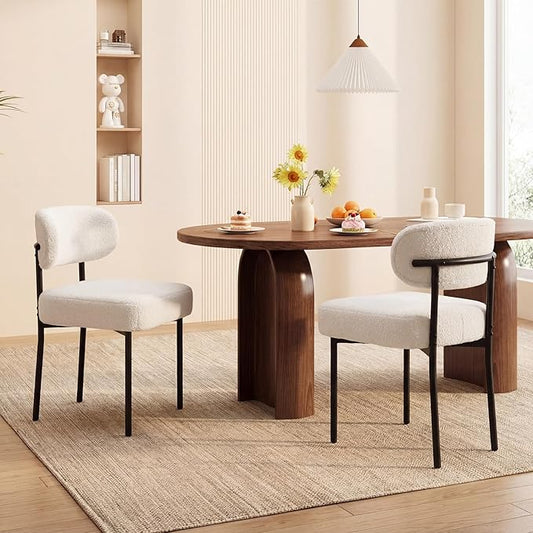 Dining Chairs, White Boucle, 2 Pack | Kitchen Dining Room, Curved Backrest, Comfortable Upholstered, Mid Century Modern