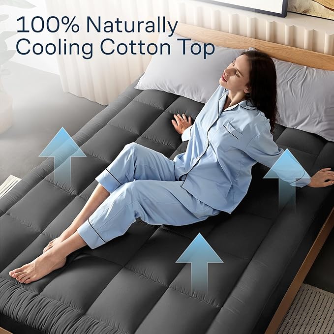 Niagara Sleep Solution Cloud-Like Queen Non-Slip Mattress Topper - 100% Cotton Top Mattress Pad for Back Pain Relief - Extra-Grip, Breathable & Naturally Cooling for Hot Sleepers, Dark Gray