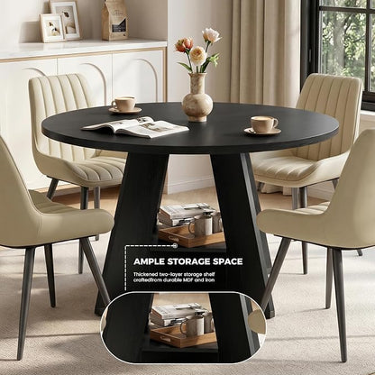 Miereirl 47.3 Inch Round Dining Table Set for 4, Round Kitchen Table with Chairs, Space Saving Dining Room Table Set with Storage Shelf for Apartment Kitchen Dining Room, Black Table+4 Beige Chairs