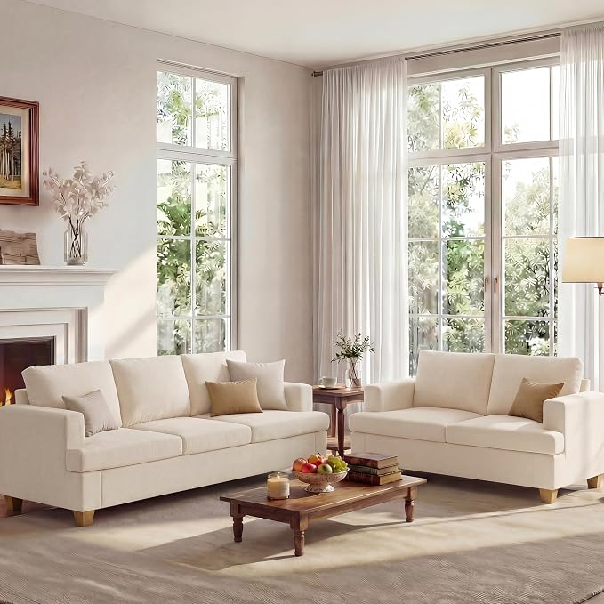 Apicizon Loveseat & 3 Seater Sofa Sets, 89" Couch Sofa Set for Living Room Furniture, 2 Piece Deep Seat Sleeper Sofa, Couch and Loveseat Sets for Apartment Lounge, Beige Chenille