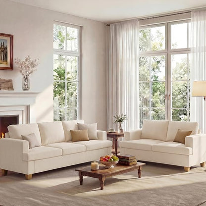 Apicizon Loveseat & 3 Seater Sofa Sets, 89" Couch Sofa Set for Living Room Furniture, 2 Piece Deep Seat Sleeper Sofa, Couch and Loveseat Sets for Apartment Lounge, Beige Chenille