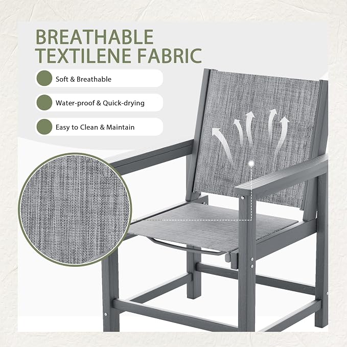 UDPATIO HDPE Patio Dining Chairs Set of 2 with Teslin Fabric Heavy Duty Outdoor Chairs All-Weather Resistant Seating for Poolside, Deck, Garden, Backyard, Light-Grey