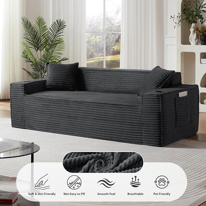 Boneless Sectional Sofa Couch with Cup Holders & Side Pockets, Modern Corduroy Fabric Deep Seat 3-seat Cloud Couch for Living Room Office, No Assembly (Grey)