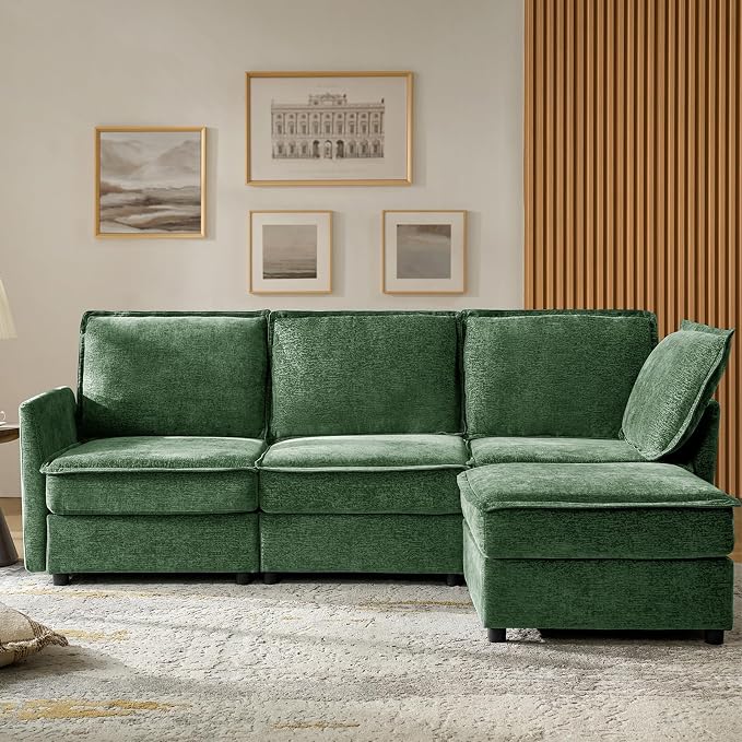 HULALA HOME 97'' Modular Sectional Sofa, L Shaped Couch with Storage Ottoman, Comfy Chenille Sofa with Deep Seat, 4 Seat Convertible Sectional Couches for Living Room, Green
