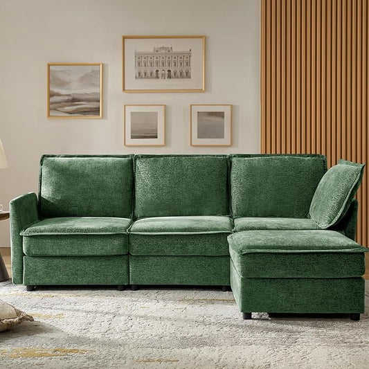 HULALA HOME 97'' Modular Sectional Sofa, L Shaped Couch with Storage Ottoman, Comfy Chenille Sofa with Deep Seat, 4 Seat Convertible Sectional Couches for Living Room, Green