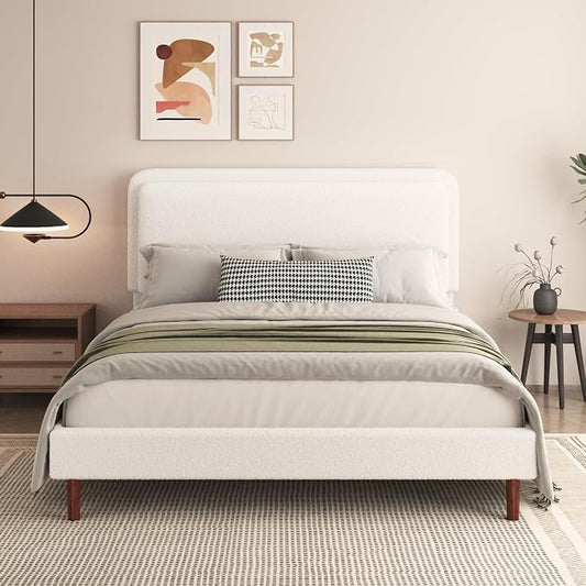 Full Size Boucle Platform Bed Frame with Adjustable Headboard, Upholstered Cloud Bed, Solid Wooden Legs, No Box Spring Needed, Easy Assembly, White