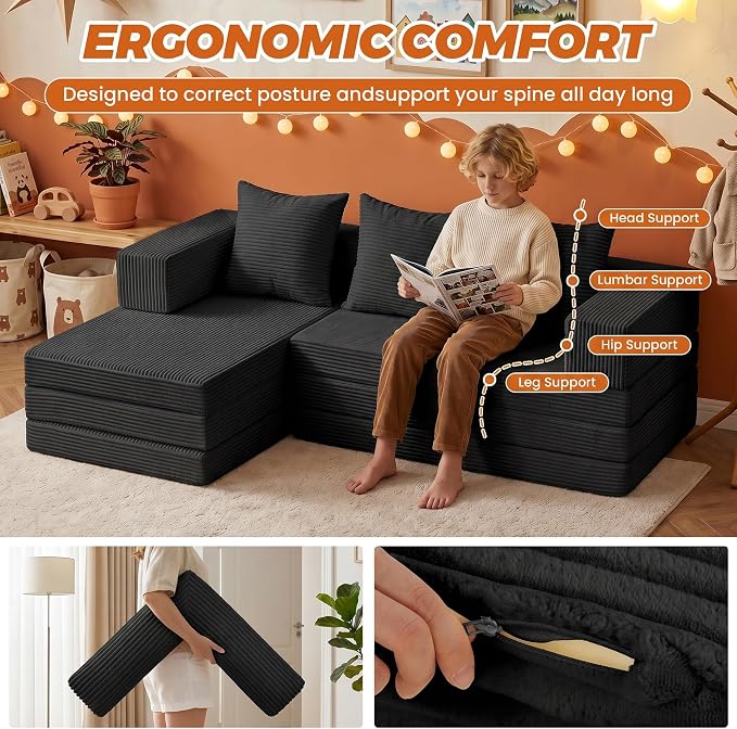6-in-1 Boneless Couches Modular Sectional Sofa | Cloud Couch Sectional & Tri-Folding Mattress | Corduroy Pet-Friendly Convertible Sofa Bed with 800LB Capacity Living Room, Apartment, Guest Room