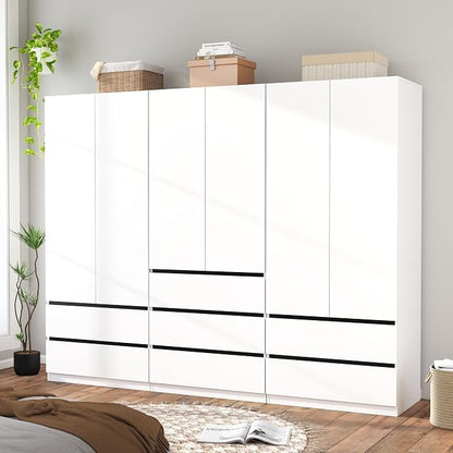 Armoire Wardrobe Closet with Drawers：75" Large White Wardrobe Closet Cabinet with 6 Doors for Hanging Clothes, Modern Wooden Bedroom Armoires with 7 Drawers and Storage (A+B+A, 94.5")