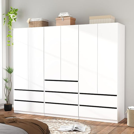 Armoire Wardrobe Closet with Drawers：75" Large White Wardrobe Closet Cabinet with 6 Doors for Hanging Clothes, Modern Wooden Bedroom Armoires with 7 Drawers and Storage (A+B+A, 94.5")