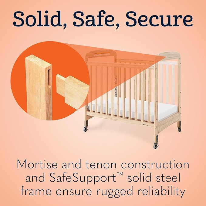 Foundations Serenity Compact Clearview Daycare Crib, Fixed Side, Durable Wood Construction, Adjustable Mattress Board, Clear End Panels. Includes 3” InfaPure Foam Mattress (Natural)