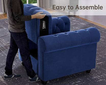Morden Fort 2 Piece Classic Chesterfield Sofa Set, Tufted Chair & Loveseat Furniture Solid Wood Legs Thick Cushion, Pet-Friendly Couch Set for Living Room Bedroom Apartment, Velvet Blue
