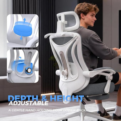 CYKOV Ergonomic Office Chair with Footrest - Adjustable Lumbar Support & Headrest, 90-135° Reclining Mesh Back Computer Chair - Home Office/Gaming, 350lbs Capacity