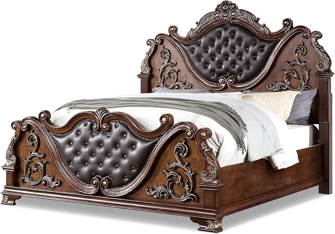 Furniture of America Clairibel Wood 3-Piece Bedroom Set, California King-Size Bed with Button-Tufted Headboard, Marble Top Nightstand & Dovetail Drawers, Box Spring Required, Brown Cherry