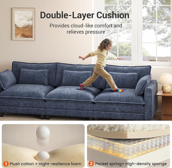 Pipishell 110.6" Modular Sectional Sofa, U Shaped Cloud Couch with Movable Ottoman, 5-Seat Chenille Deep Seat Cloud Modular Sectional Sofa with Throw Pillows for Living Room & Apartment, Blue