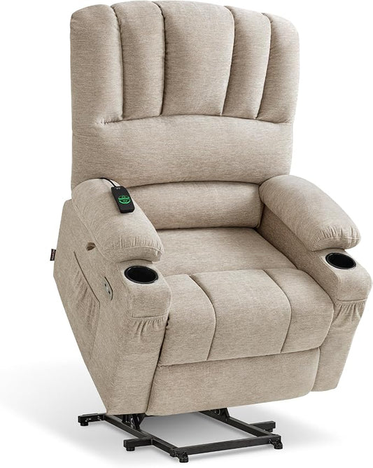 MCombo Large Power Lift Recliner Chair for Elderly, Lift Chair with Heat and Massage, 3 Positions, USB Charge Ports, Cup Holders, Fabric 7099 (Large, Beige)