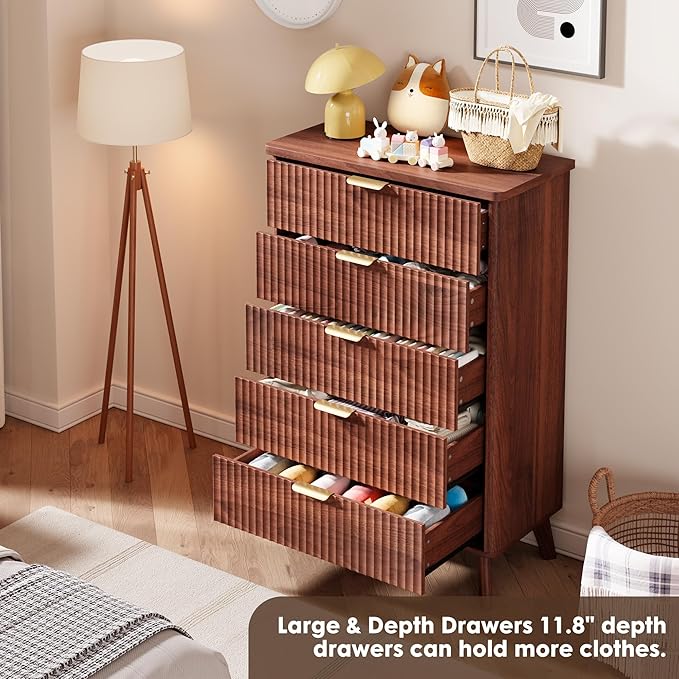 GarveeHome Fluted Dresser for Bedroom with 5 Deep Drawers, 47.2 in Tall Chest of Drawers, Curved Profile Design, Modern Wooden Dresser, for Living Room, Kids Room, Hallway, Walnut