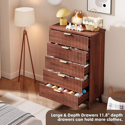 GarveeHome Fluted Dresser for Bedroom with 5 Deep Drawers, 47.2 in Tall Chest of Drawers, Curved Profile Design, Modern Wooden Dresser, for Living Room, Kids Room, Hallway, Walnut