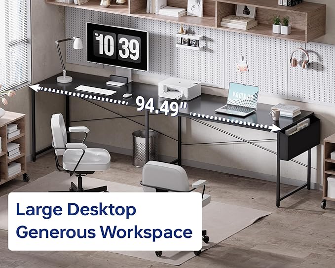 Pamray 64.5 Inch Reversible L Shaped Gaming Desk Large Corner Computer Desk with Storage Bag Home Office Table for Writing Study Vintage