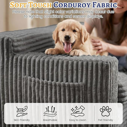 Boneless Couch, Cloud Loveseat Sofa Corduroy Couch in a Box, Upholstered Boneless 3 Seater Couch for Living Room Bedroom Office Apartment, No Assembly Required, Grey