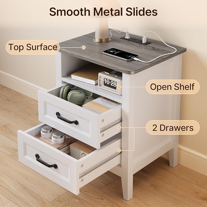 Gizoon 3 PCS Bedroom Furniture Set, 7 Drawer Dresser and 2 Nightstands with Charging Station, with Modern Grey Wooden Tabletop