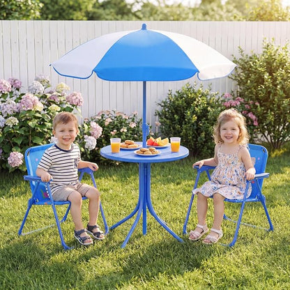 Costzon Kids Picnic Table, Kids Outdoor Table with 2 Folding Chairs, Height Adjustable Umbrella, Portable Children Outdoor Furniture for Patio, Garden, Backyard (Blue Ocean)