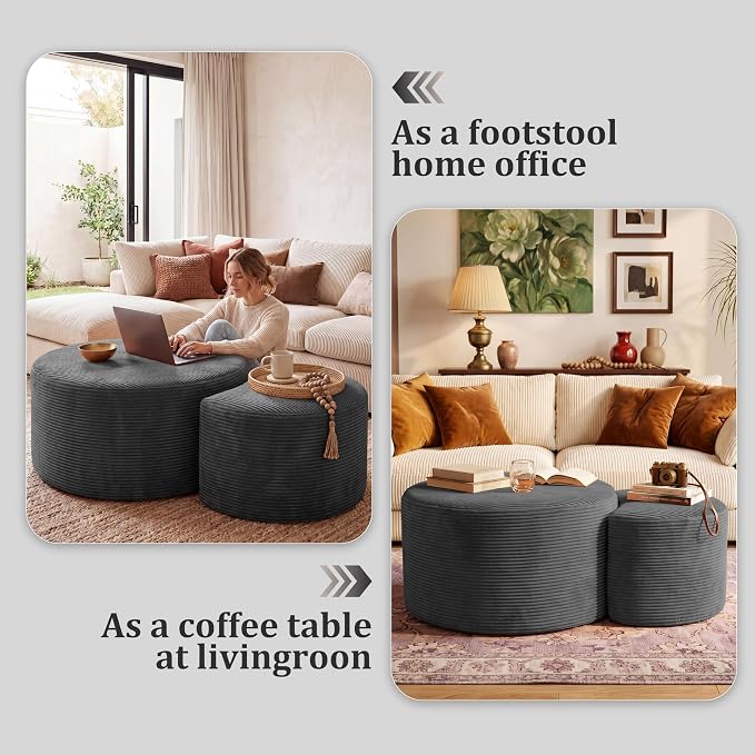 BSHOMGI Boneless Ottoman Nesting Coffee Table Set of 2,Corduroy Soft Foot Rest Movable LargePouf Footstool for Living Room Sofa Couch Bedroom Entryway and Small Spaces No Assembly (Dark Gray)