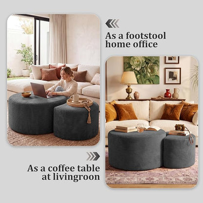 BSHOMGI Boneless Ottoman Nesting Coffee Table Set of 2,Corduroy Soft Foot Rest Movable LargePouf Footstool for Living Room Sofa Couch Bedroom Entryway and Small Spaces No Assembly (Dark Gray)
