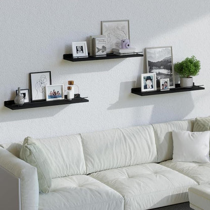 WOPITUES Floating Shelves 24 inch with Gold Metal Guardrail, Shelves for Wall Decor Set of 3, Wall Shelves for Bedroom, Bathroom, Kitchen, Living Room, Plants, Picture Frames, Art- Black
