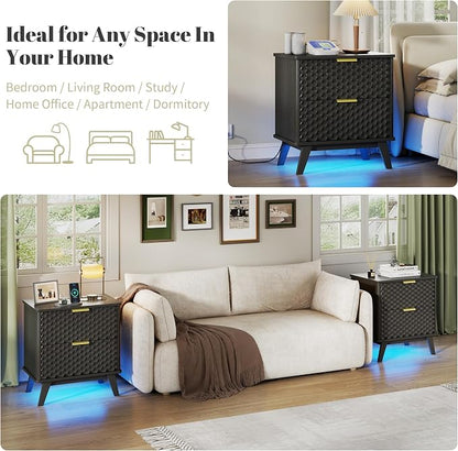 LVSOMT Smart Nightstand with Charging Station and LED Lights, 23.62" Wide Night Stand with 2 Drawers, Motion Sensor Motion-Activated Underlight, Honeycomb Bedside Table for Bedroom, Black