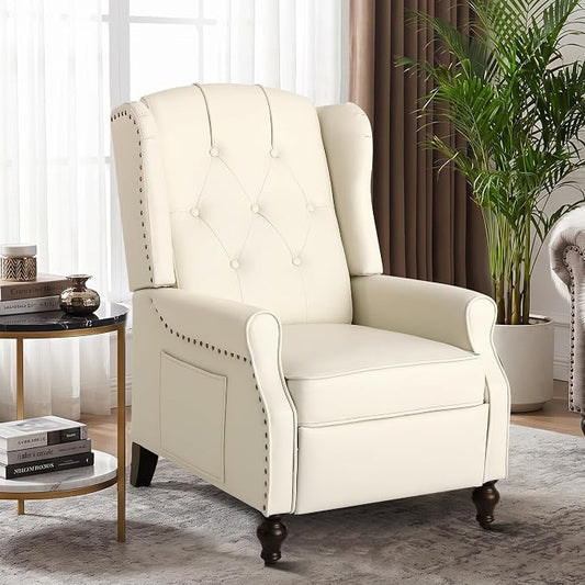 Wingback Recliner Chair with Massage and Heat, Tufted PU Leather Push Back Arm Chair for Living Room Vintage Recliner Chair with Remote Control, Padded Cushion, Backrest (Beige-pu)