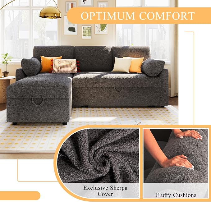 PaPaJet Sofa Bed, Sleeper Sofa with Storage Chaise, L Shaped Sofa with Pull Out Bed, Oversized Sofas for Living Room-Dark Gray Boucle
