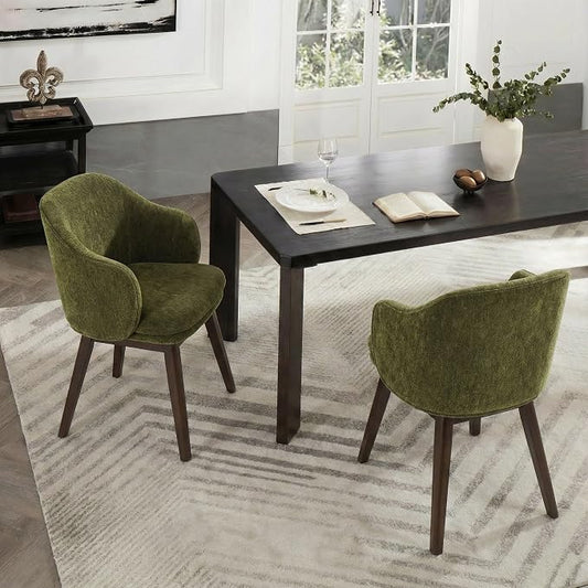 KISLOT Wooden Dining Chairs Set of 2, Fabric Barrel Upholstered Modern Dining Dining Room Chairs with Soild Wood Leg & Double-Layer Thick Cushion for Restaurant, Kitchen, Green