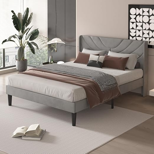 VECELO Upholstered Platform Queen Bed Frame with Fabric Headboard,Wooden Slats Support/No Box Spring Needed/Mattress Foundation,Dark Grey