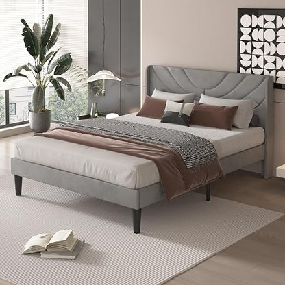 VECELO Upholstered Platform Queen Bed Frame with Fabric Headboard,Wooden Slats Support/No Box Spring Needed/Mattress Foundation,Dark Grey