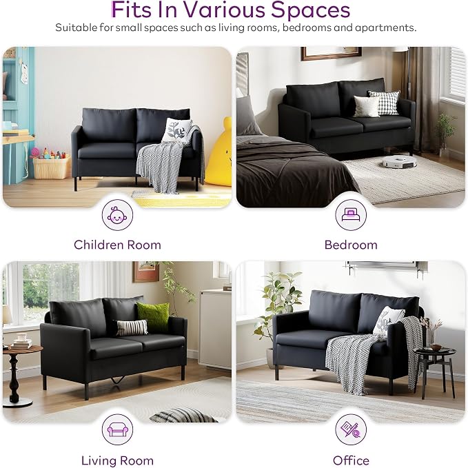 TYBOATLE Faux Leather Small Couches for Small Spaces, Comfy Modern Upholstered Black Love Seat for Bedroom, 2 Seater Mini Couch for Apartment, Dorm, Office