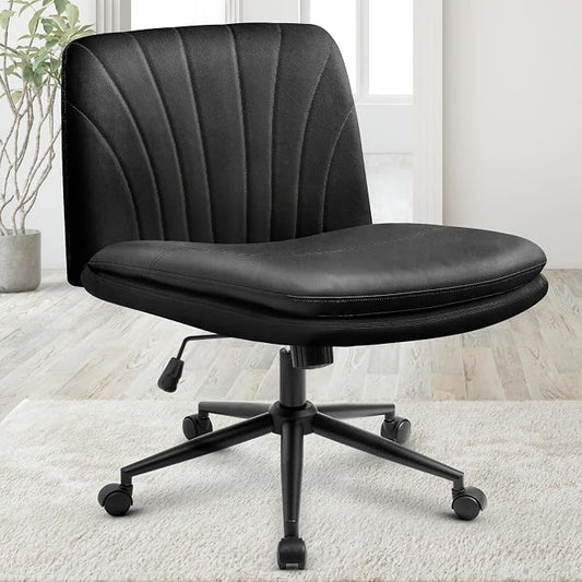 Orange Factory Criss Cross Chair with Wheels Comfy Wide Vanity Desk Chair Dual Base Leather Armless Adjustable Swivel for Home Computer Task (Black Pu, Faux Leather)