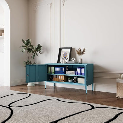 Blue Metal Accent Cabinet Locker with Lock, 2-Door Wide Storage Cabinet, Adjustable Shelves, Multifunctional TV Stand & Entertainment Center for Bedroom, Living Room
