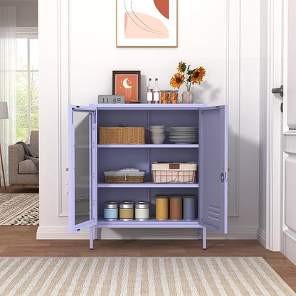33" Tall Purple Metal Locker Storage Cabinet with Lock Left Glass Door and Right Metal Door 2 Adjustable Shelves Steel Storage Organizer for Foyer Living Room Size：33" H X 29.5" W X 13.8" D