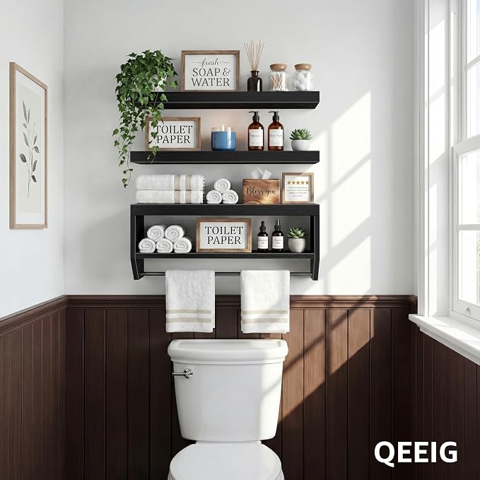 QEEIG Bathroom Floating Shelves for Wall - Shelf Over Toilet Paper Storage Farmhouse 24 inch Set of 3, Black (028-60B3)