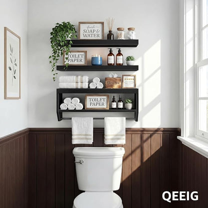 QEEIG Bathroom Floating Shelves for Wall - Shelf Over Toilet Paper Storage Farmhouse 24 inch Set of 3, Black (028-60B3)