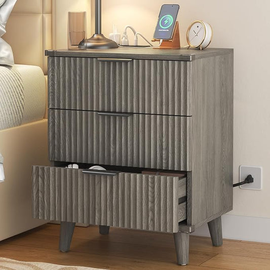 Lulive Wood 3 Drawers Fluted Night Stand with Charging Station, Storage Nightstand Modern End Table, Bedside Table for Bedroom, Living Room Dark Grey Oak