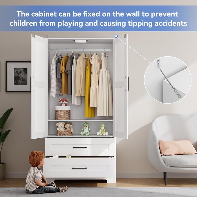 Wooden Armoire Wardrobe Closet, Bedroom Armoires with Door and Drawers, Freestanding Wardrobe Clothing Storage Cabinet with Shelves and Hanging Rod for Bedroom, Laundry Room, Cloak Room（White）