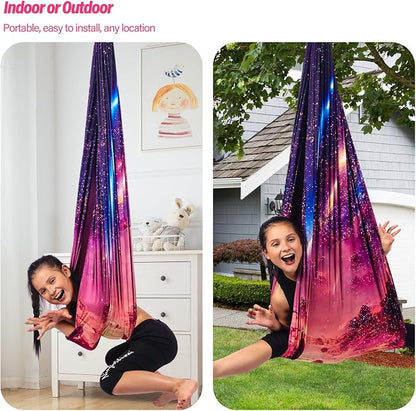 Sensory Swing for Kids & Adults Holds up to 300lbs Indoor & Outdoor Double Layer Therapy Cuddle Swing with 360° Swivel Hanger Kit for Calming, Effect for Autism, ADHD or SPD. (Fantasy Pink)