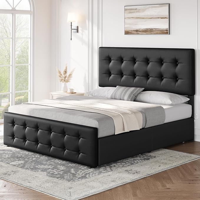IDEALHOUSE Full Size Bed Frame with 4 Storage Drawers and Headboard, Faux Leather Upholstered Platform Bed Frame with Wooden Slats Support, Button Tufted Design, No Box Spring Needed, Black