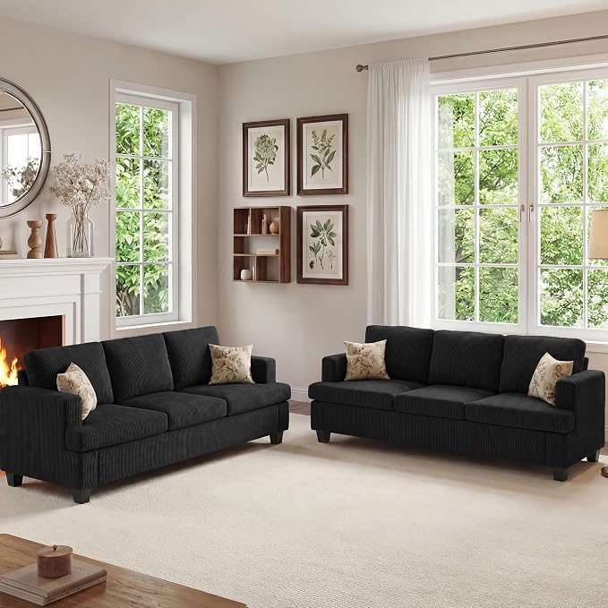 Apicizon 89" Modern Sofa Couch Set, Corduroy Couch 2 Piece Sofa Set for Living Room, Modern Lounge Sofa Couches for Apartment Lounge, Black