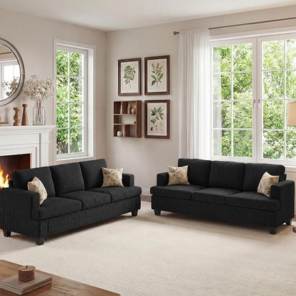 Apicizon 89" Modern Sofa Couch Set, Corduroy Couch 2 Piece Sofa Set for Living Room, Modern Lounge Sofa Couches for Apartment Lounge, Black