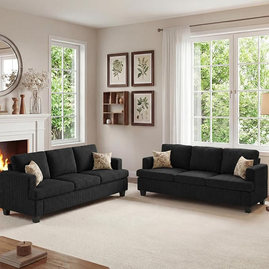 Apicizon 89" Modern Sofa Couch Set, Corduroy Couch 2 Piece Sofa Set for Living Room, Modern Lounge Sofa Couches for Apartment Lounge, Black
